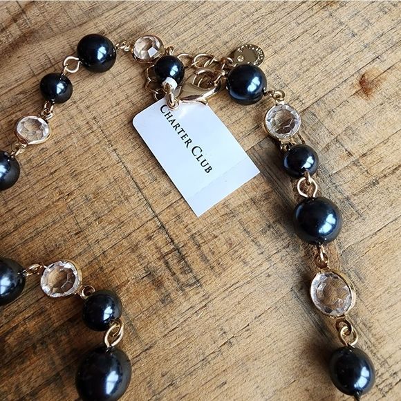 NWT Long Charter Club Navy Blue, Gold & Clear Glass Crystals Necklace - Picture 4 of 5